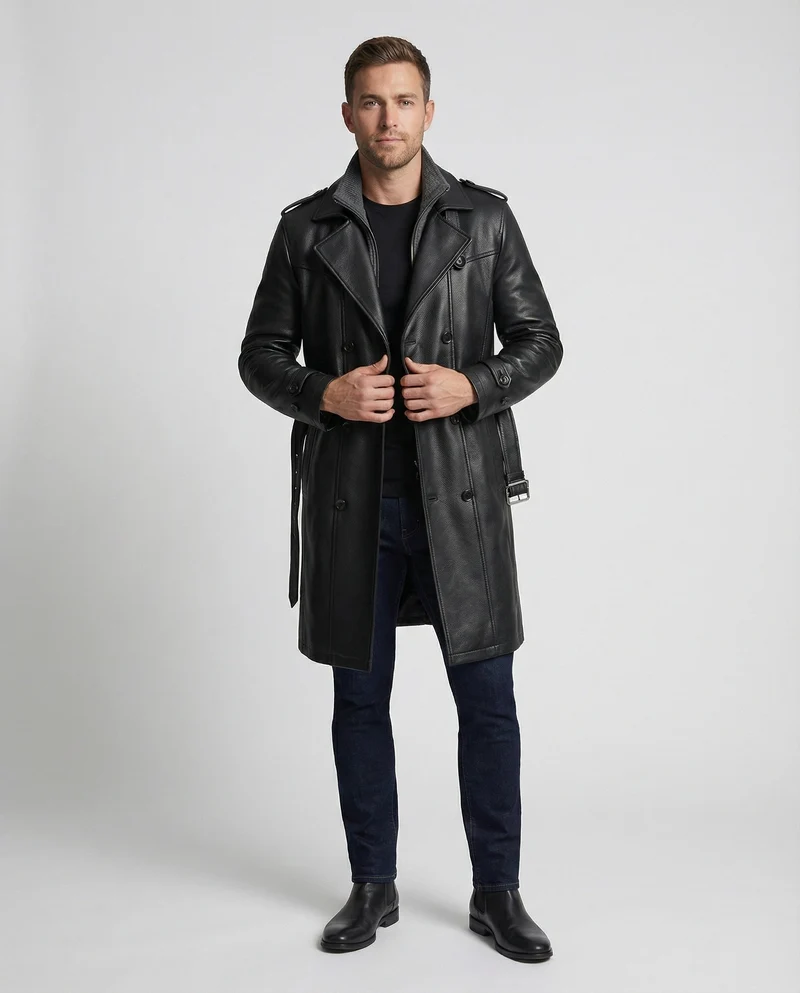 Doppelreihiger Leder-Trenchcoat Herren - Arvani