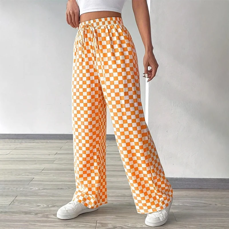 Damen Weite Freizeithose mit kariertem Muster und elastischem Bund