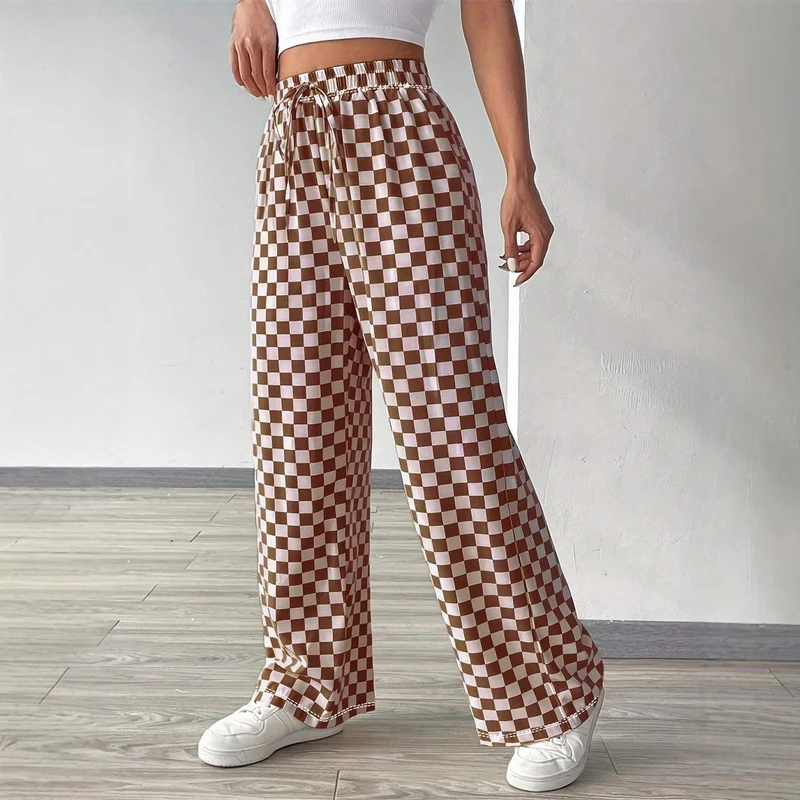 Damen Weite Freizeithose mit kariertem Muster und elastischem Bund