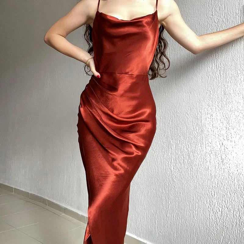 Damen modernes Satin-Midi-Kleid mit elegantem Wasserfallausschnitt und seitlichem Schlitz