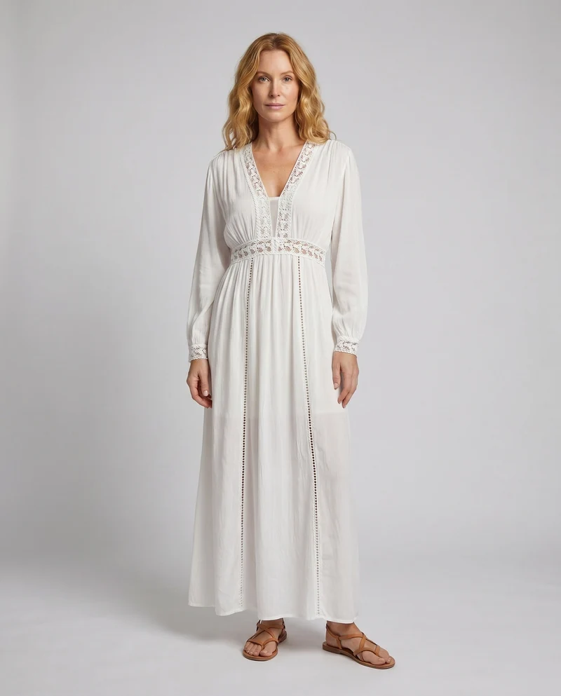 Damen Maxikleid mit elegantem Lochmuster und voluminösen Ärmeln Nord Taschen