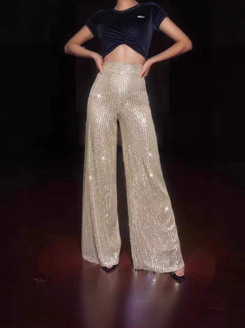 Damen Glänzende Weite Hose mit funkelndem Design