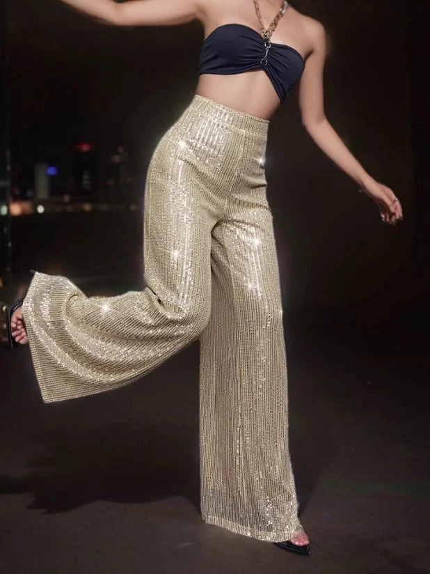Damen Glänzende Weite Hose mit funkelndem Design