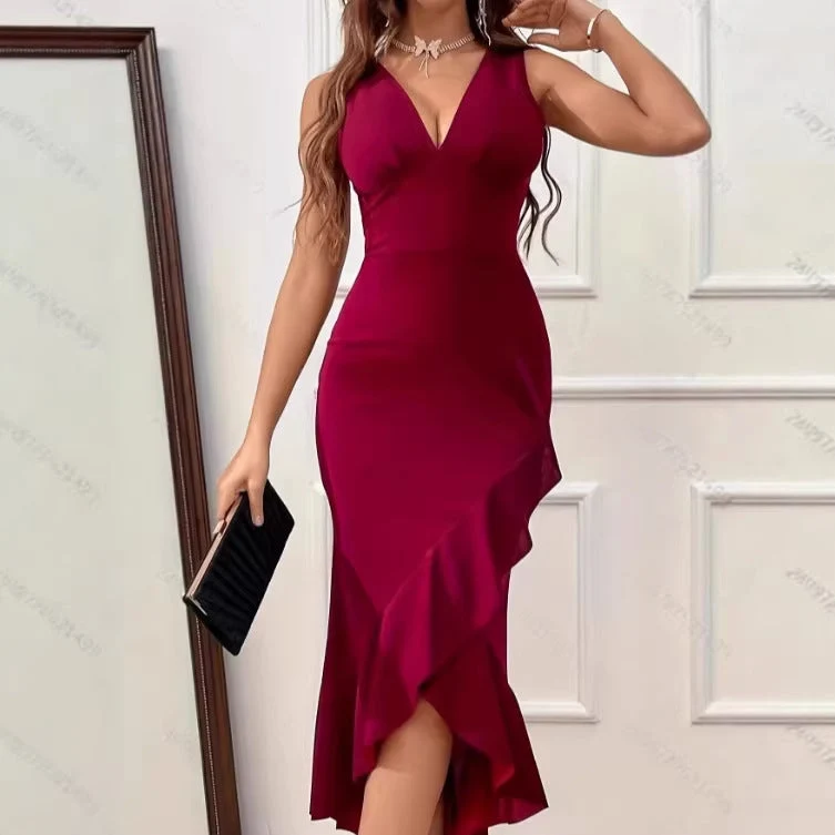 Damen Midikleid mit V-Ausschnitt und asymmetrischem Rüschensaum