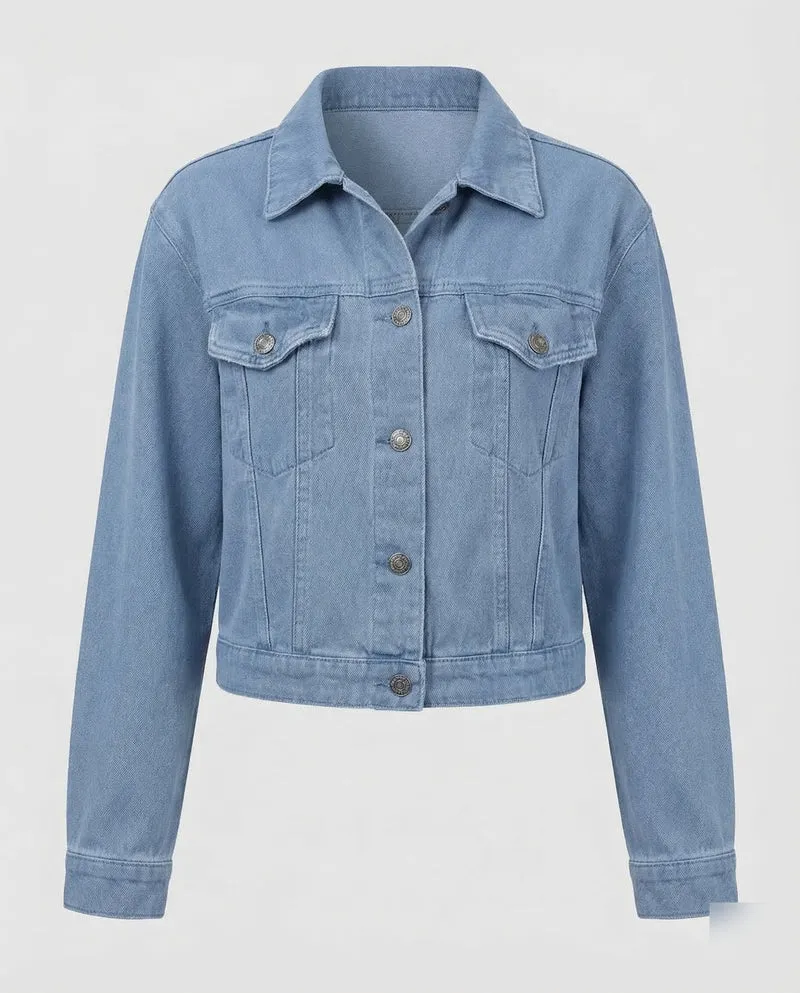 Damen Jeansjacke Kurz Brusttaschen