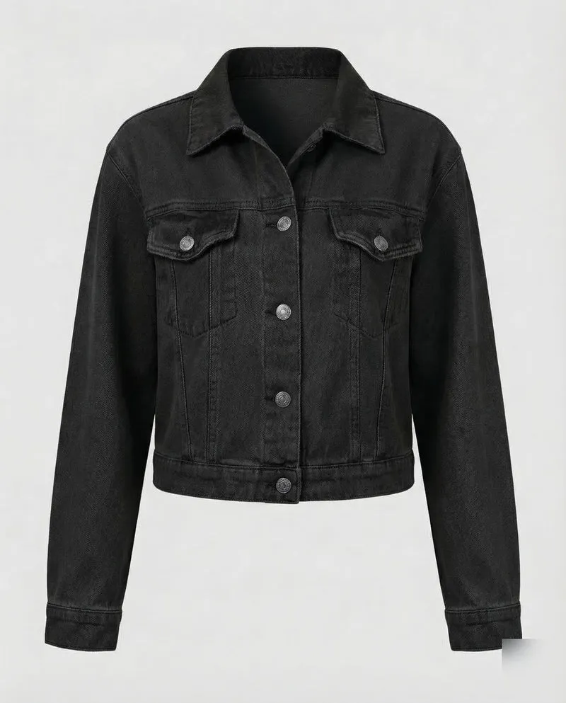 Damen Jeansjacke Kurz Brusttaschen