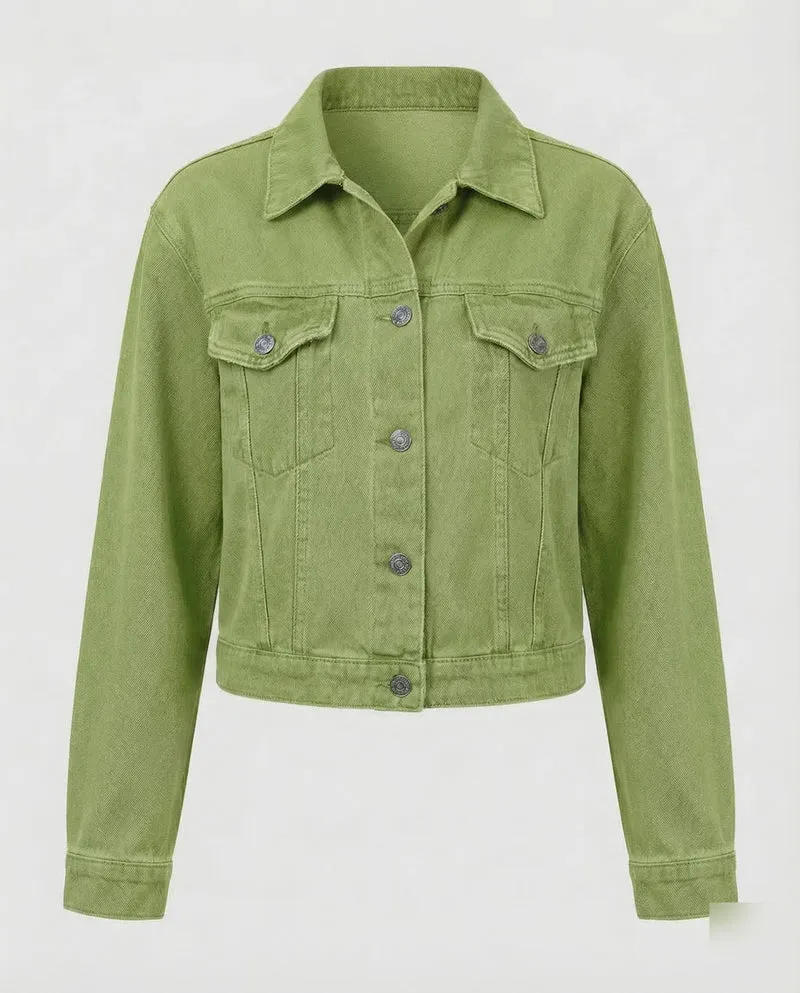 Damen Jeansjacke Kurz Brusttaschen