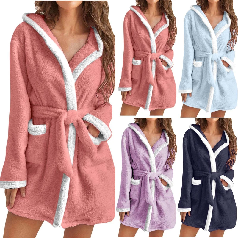 Damen kuscheliger Fleece-Bademantel mit Kapuze und Taschen