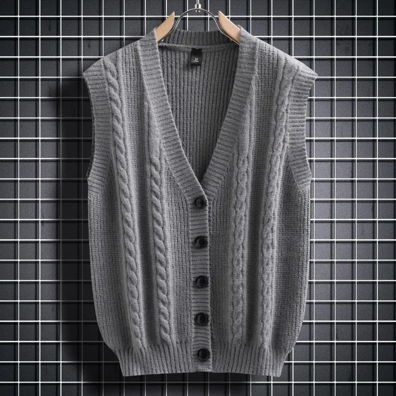 Herren ärmellose Strickjacke mit Zopfmuster und Knopfdetails