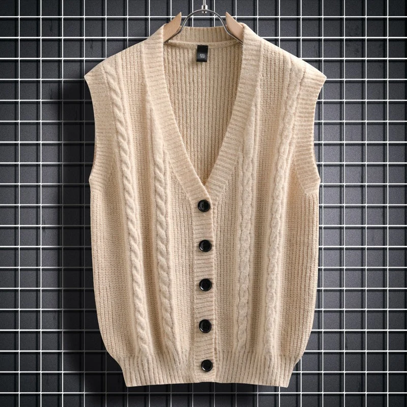 Herren ärmellose Strickjacke mit Zopfmuster und Knopfdetails