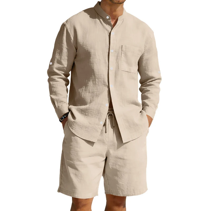 Herren nan sommerliches Leinen-Set mit Stehkragenhemd und Kordelzug-Kurzhose