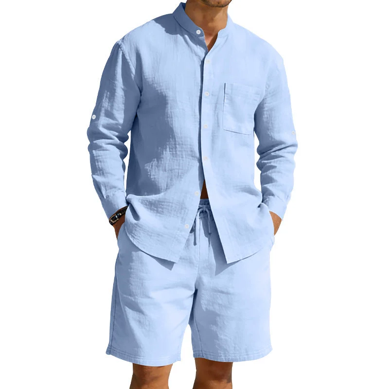 Herren nan sommerliches Leinen-Set mit Stehkragenhemd und Kordelzug-Kurzhose