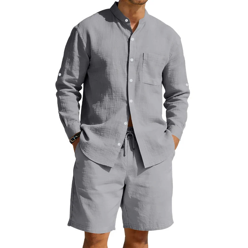 Herren nan sommerliches Leinen-Set mit Stehkragenhemd und Kordelzug-Kurzhose