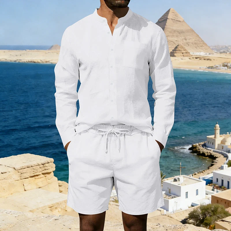 Herren nan sommerliches Leinen-Set mit Stehkragenhemd und Kordelzug-Kurzhose