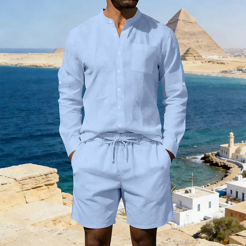 Herren nan sommerliches Leinen-Set mit Stehkragenhemd und Kordelzug-Kurzhose