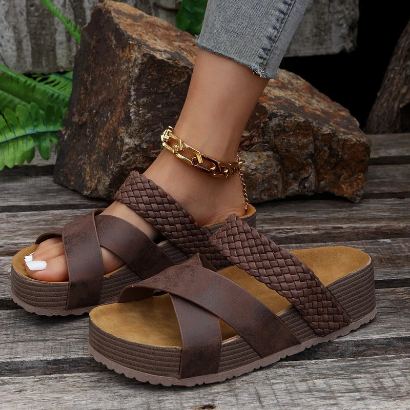 Damen bequeme Plattform-Sandalen mit geflochtenem Riemchendesign und rutschfester Sohle