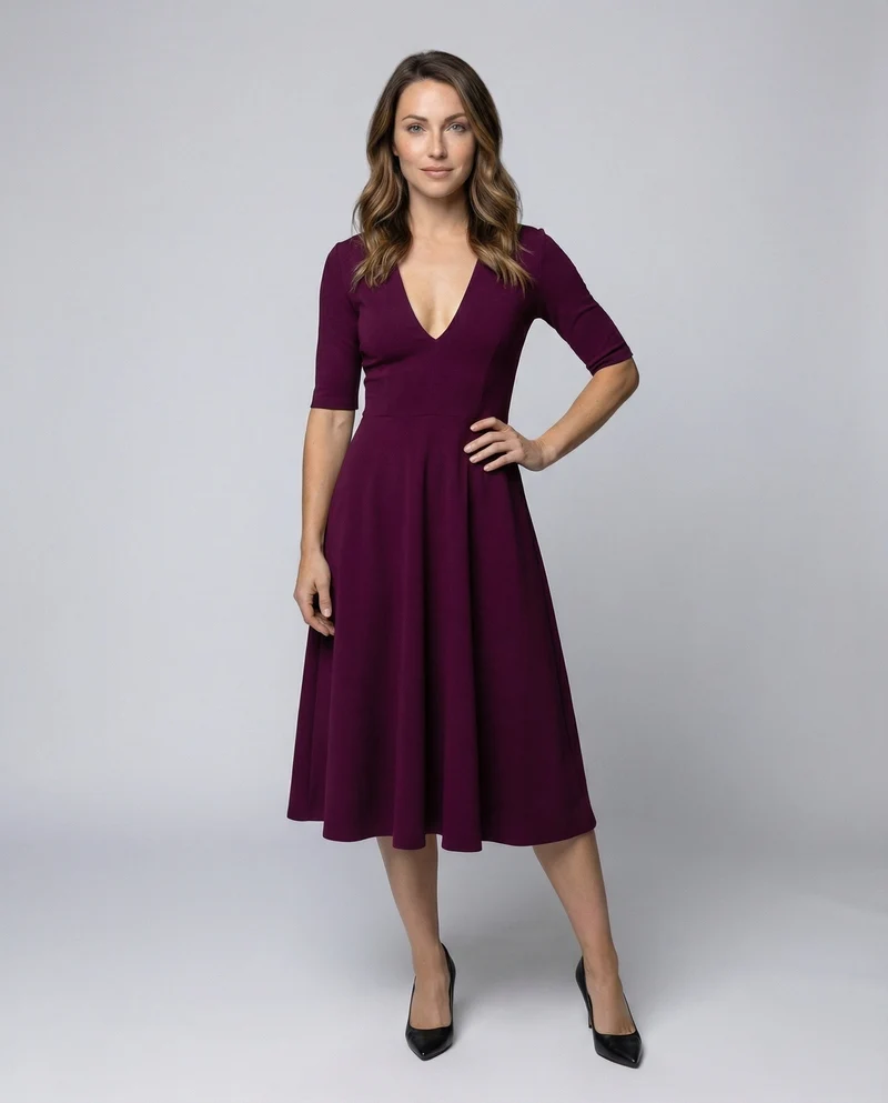Damen Retro-Swingkleid V-Ausschnitt Tellerrock Taschen