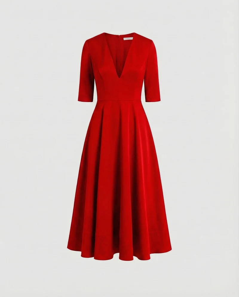 Damen Retro-Swingkleid V-Ausschnitt Tellerrock Taschen