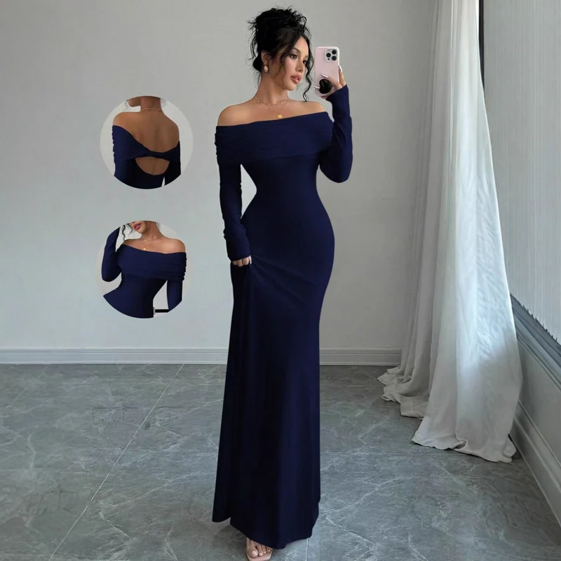 Damen Elegantes Off-Shoulder-Maxikleid mit figurbetontem Schnitt und langen Ärmeln