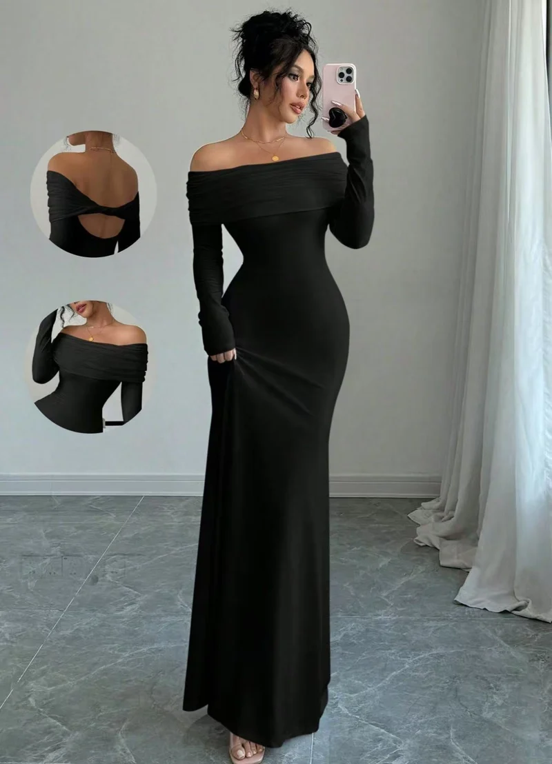 Damen Elegantes Off-Shoulder-Maxikleid mit figurbetontem Schnitt und langen Ärmeln