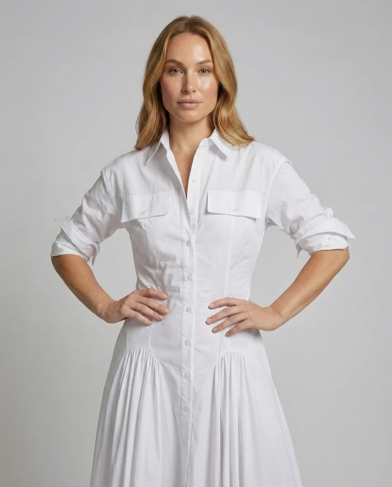 Damen Taillierte Godet-Rock MischgewNord Taschene Maxi-Hemdkleid