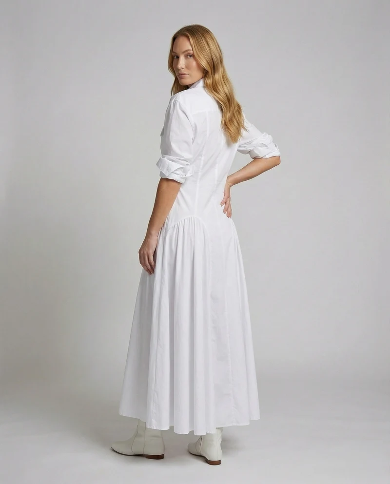 Damen Taillierte Godet-Rock MischgewNord Taschene Maxi-Hemdkleid