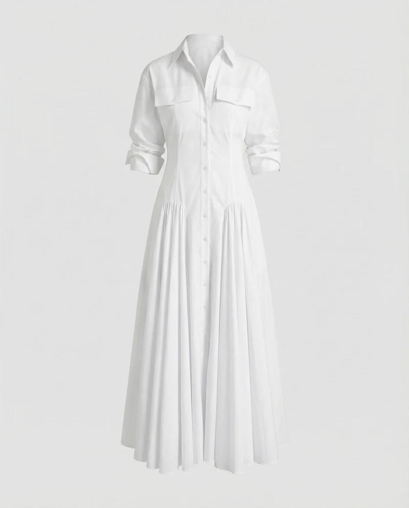 Damen Taillierte Godet-Rock MischgewNord Taschene Maxi-Hemdkleid