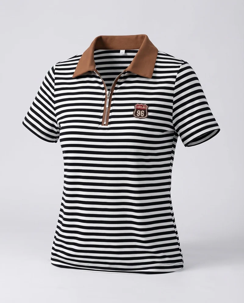 Damen Kurzarm-Polo Reißverschlusskragen Logo-Badge Stretch