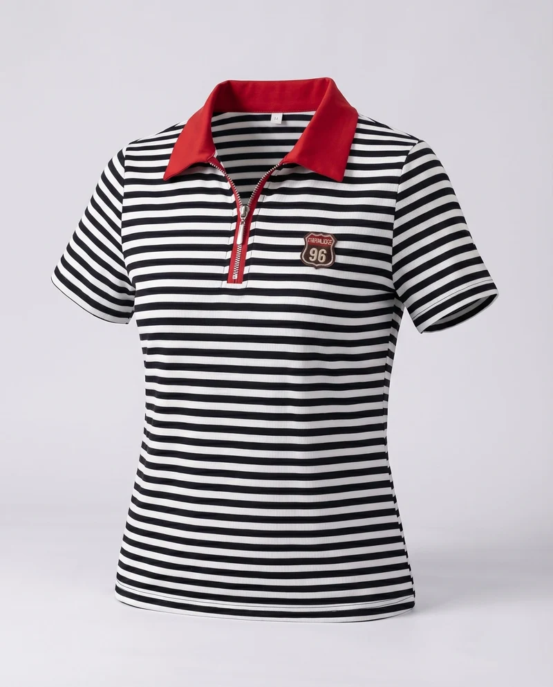 Damen Kurzarm-Polo Reißverschlusskragen Logo-Badge Stretch