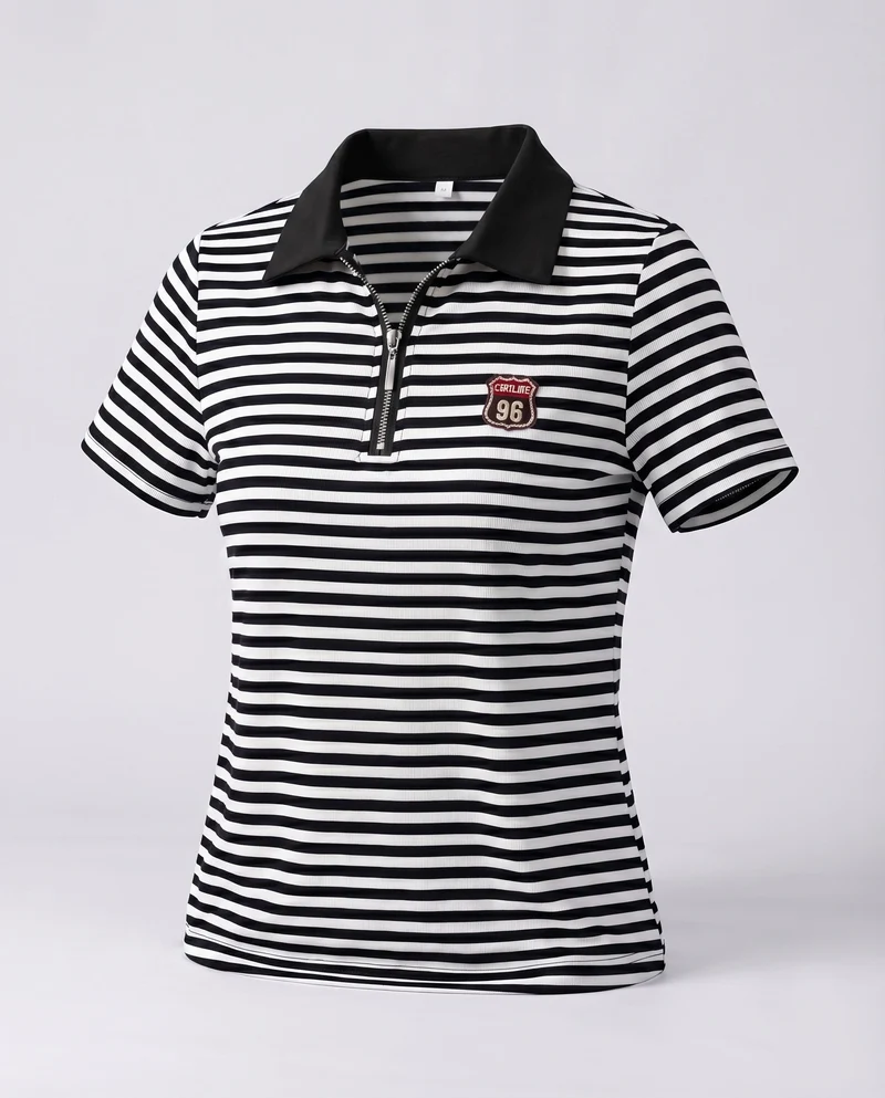 Damen Kurzarm-Polo Reißverschlusskragen Logo-Badge Stretch