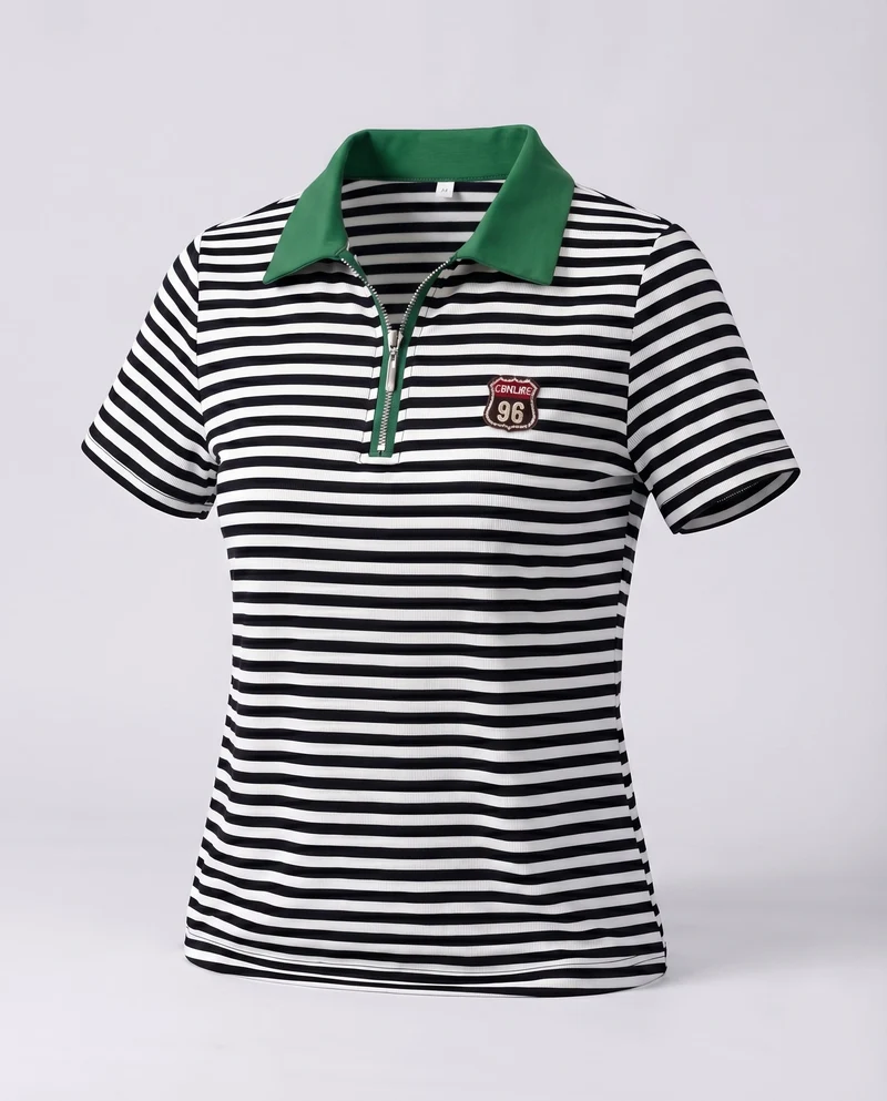 Damen Kurzarm-Polo Reißverschlusskragen Logo-Badge Stretch