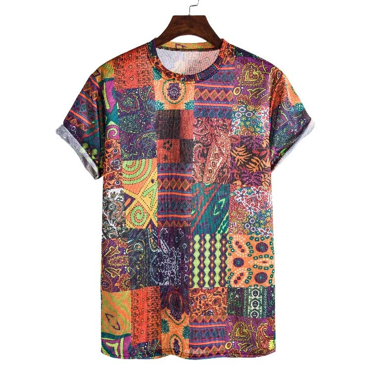 Herren Kurzarmhemd mit buntem Patchwork-Design und lässiger Passform