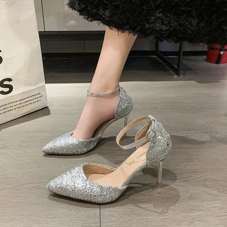 Damen elegante Spitzen High Heels mit transparentem Riemen
