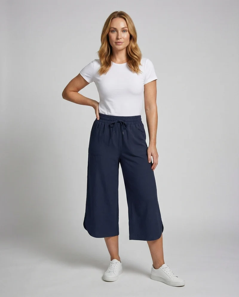 Damen weite Leinenoptik-Culotte mit geschwungenem Saum
