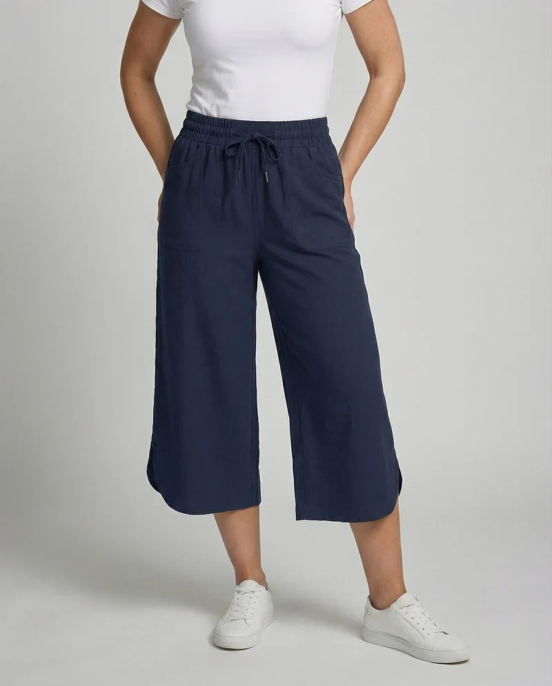 Damen weite Leinenoptik-Culotte mit geschwungenem Saum
