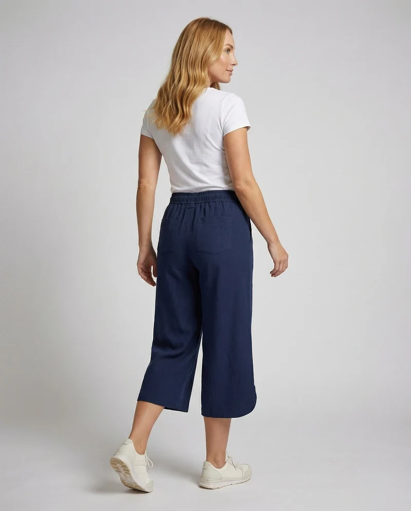 Damen weite Leinenoptik-Culotte mit geschwungenem Saum