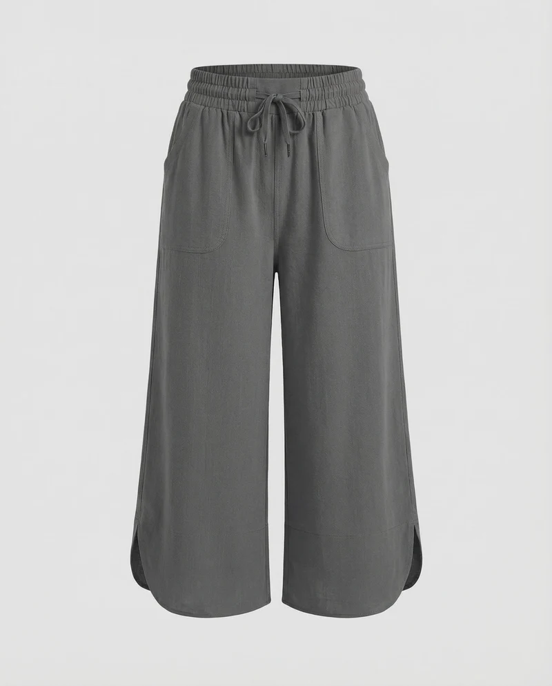Damen weite Leinenoptik-Culotte mit geschwungenem Saum