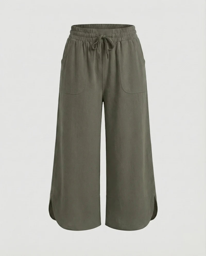 Damen weite Leinenoptik-Culotte mit geschwungenem Saum