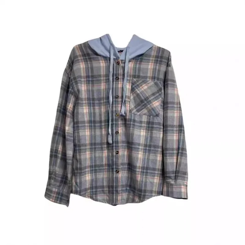 Damen nostalgische Karobluse mit Kapuze und Knopfverschluss
