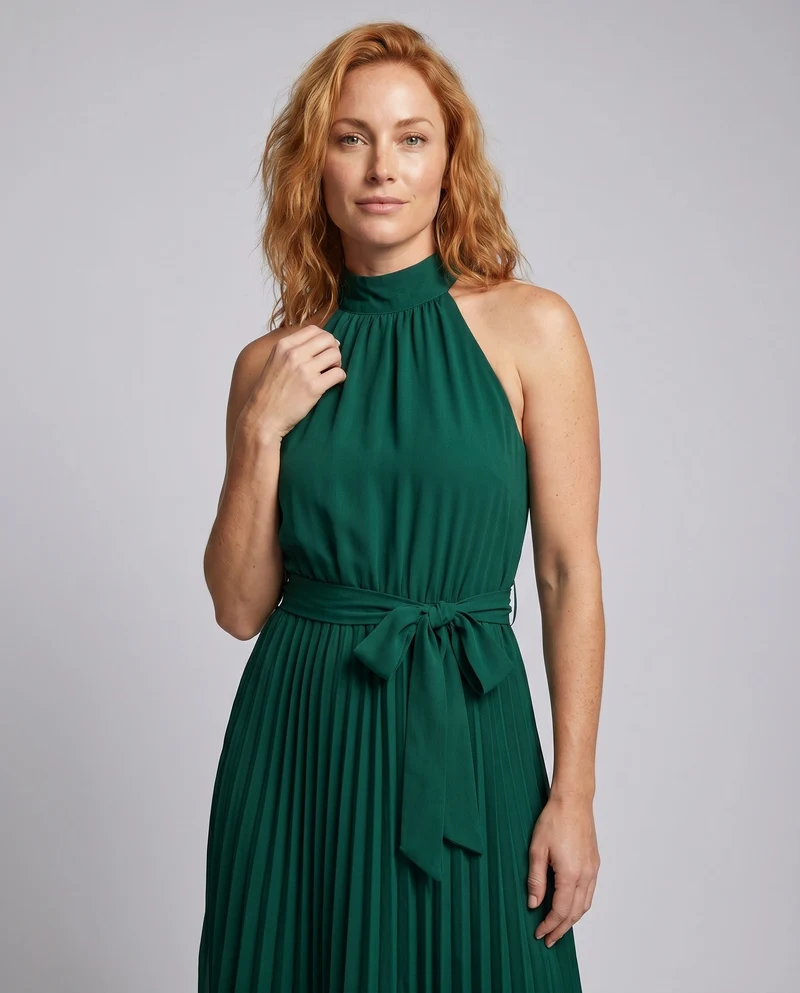 Damen Plissee Maxikleid mit tailliertem Bindegürtel