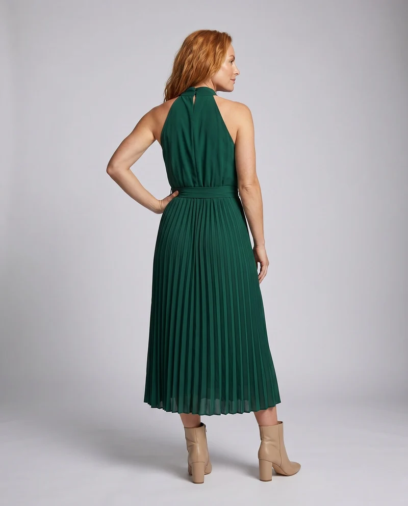 Damen Plissee Maxikleid mit tailliertem Bindegürtel