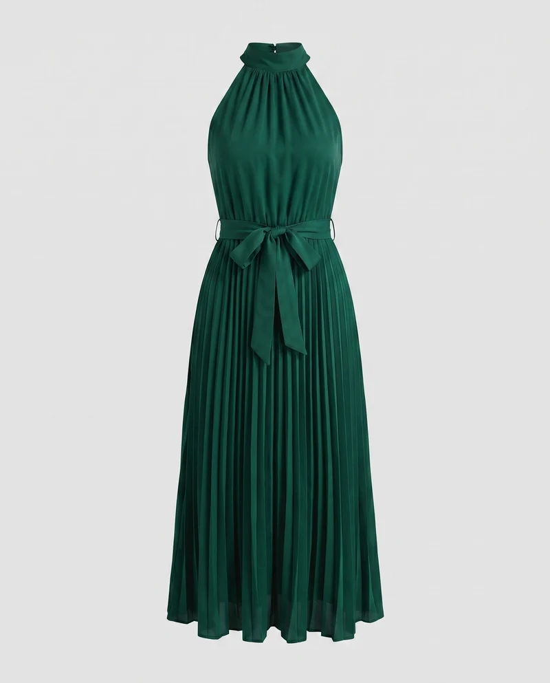 Damen Plissee Maxikleid mit tailliertem Bindegürtel