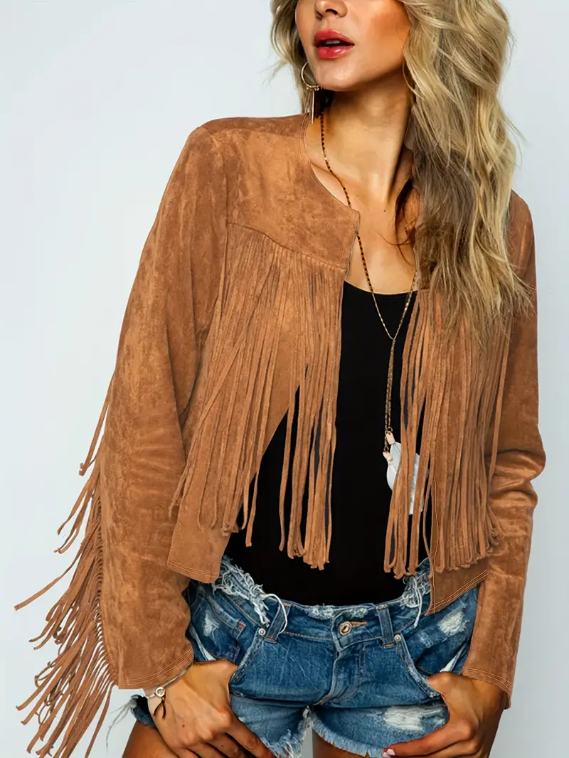 Offene Jacke mit Fransen Saum Im Wildleder Look