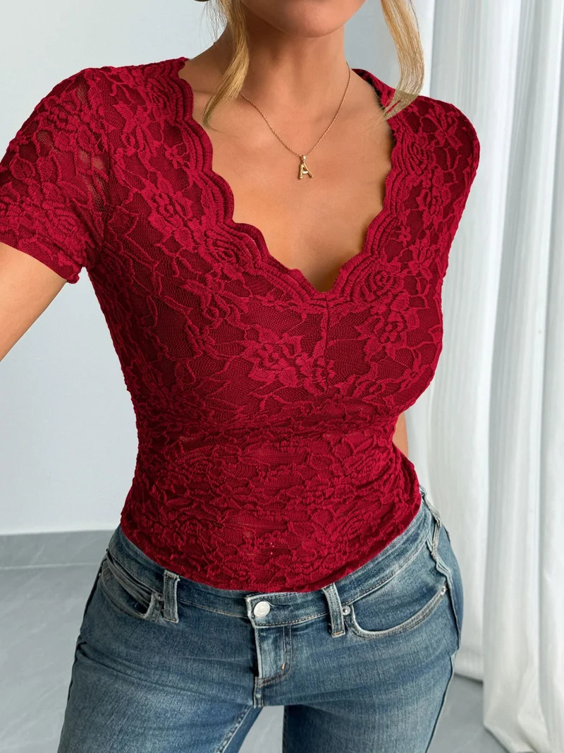 Damen Einfarbig Sexy Spitze V-Ausschnitt Kurzarm