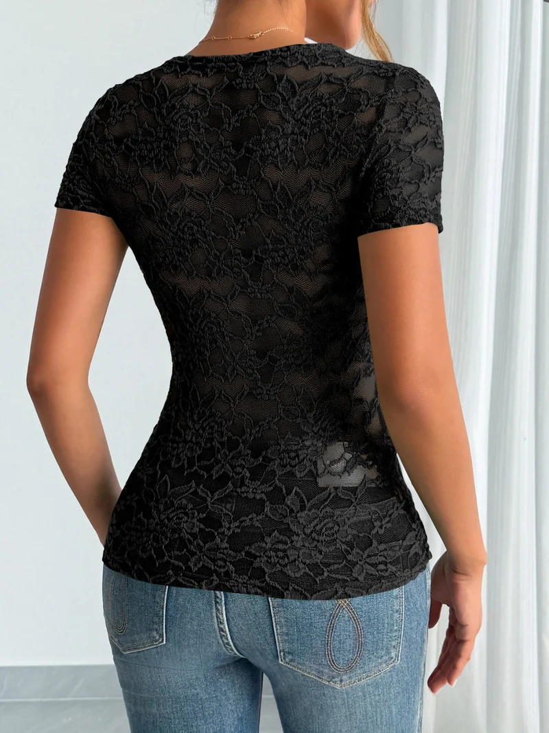 Damen Einfarbig Sexy Spitze V-Ausschnitt Kurzarm