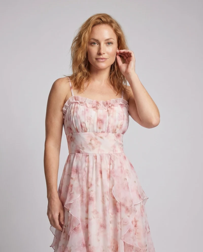 Damen Maxikleid mit fließendem Rock und verspielten Rüschendetails