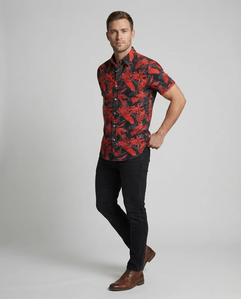 Herren Taillierte Paisley Kurzarmhemd