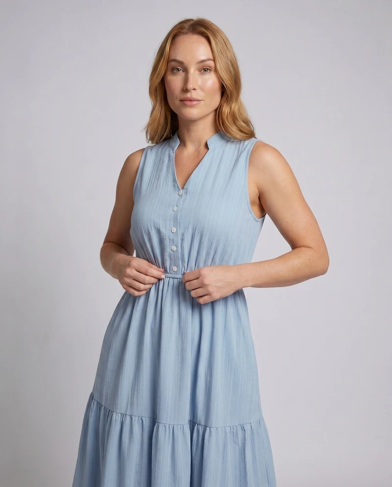 Damen Maxikleid mit knopfverzierten Details und fließendem Rock