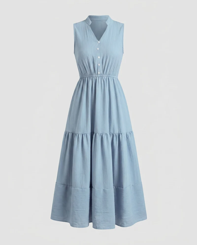 Damen Maxikleid mit knopfverzierten Details und fließendem Rock