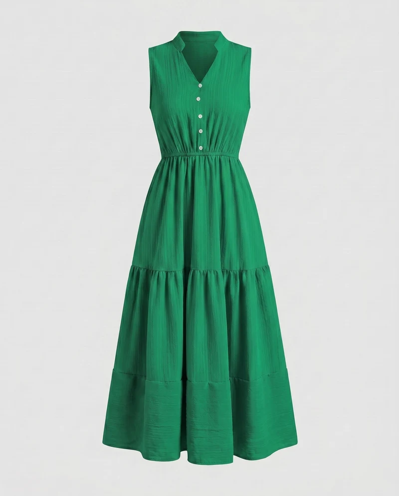 Damen Maxikleid mit knopfverzierten Details und fließendem Rock
